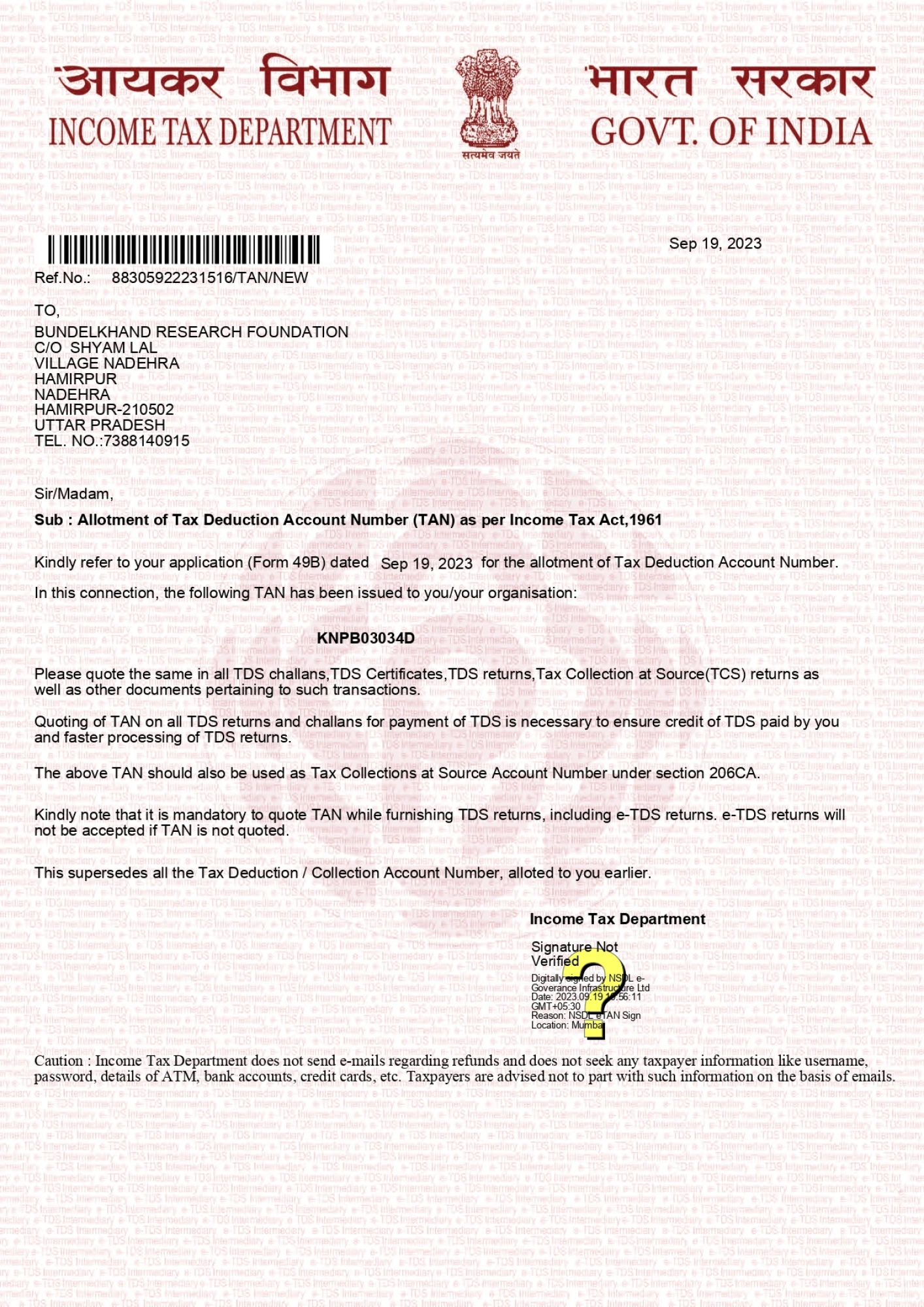 TAN Certificate