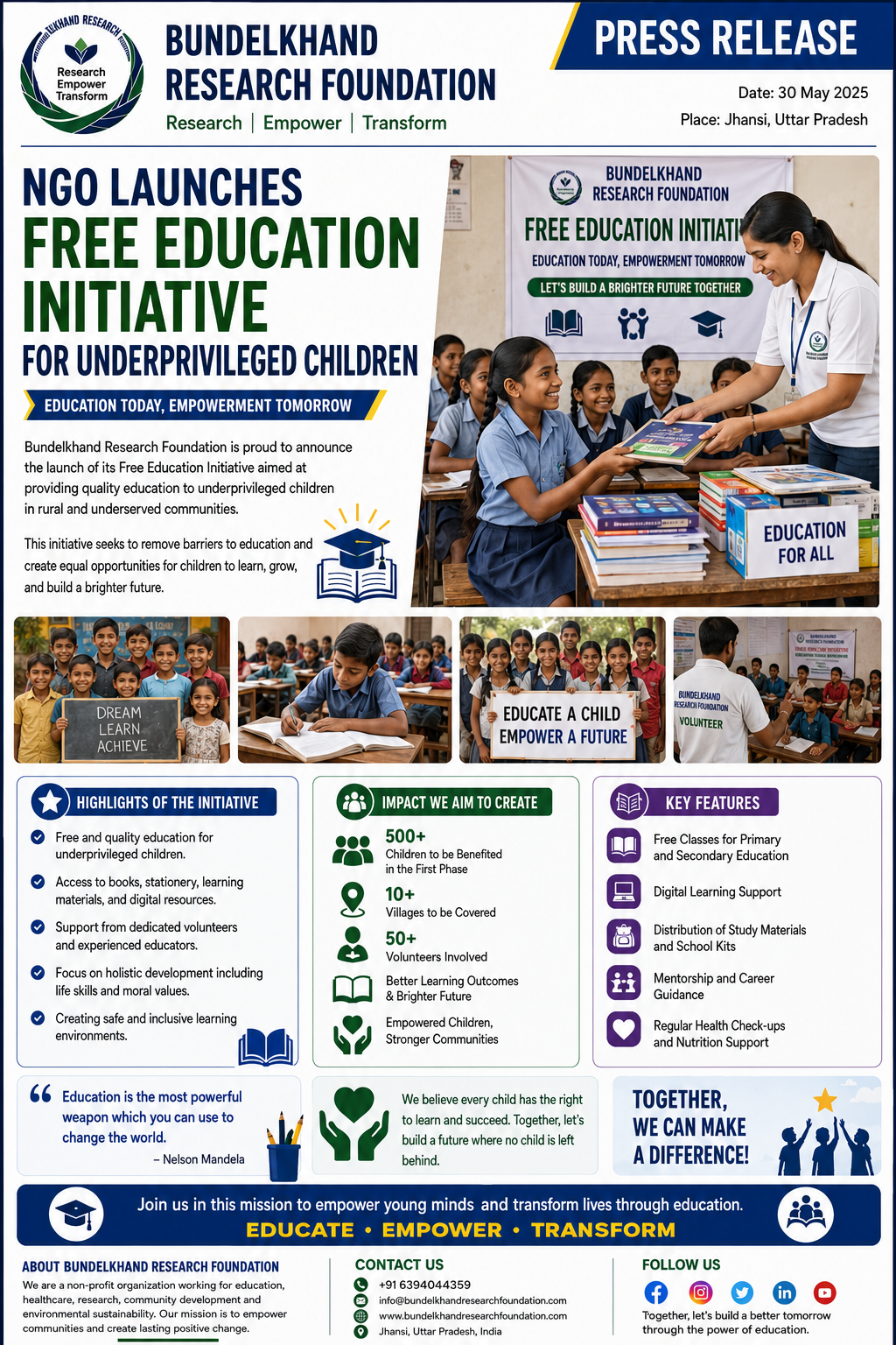 NGO Launches Free Education Initiative for Underprivileged Children